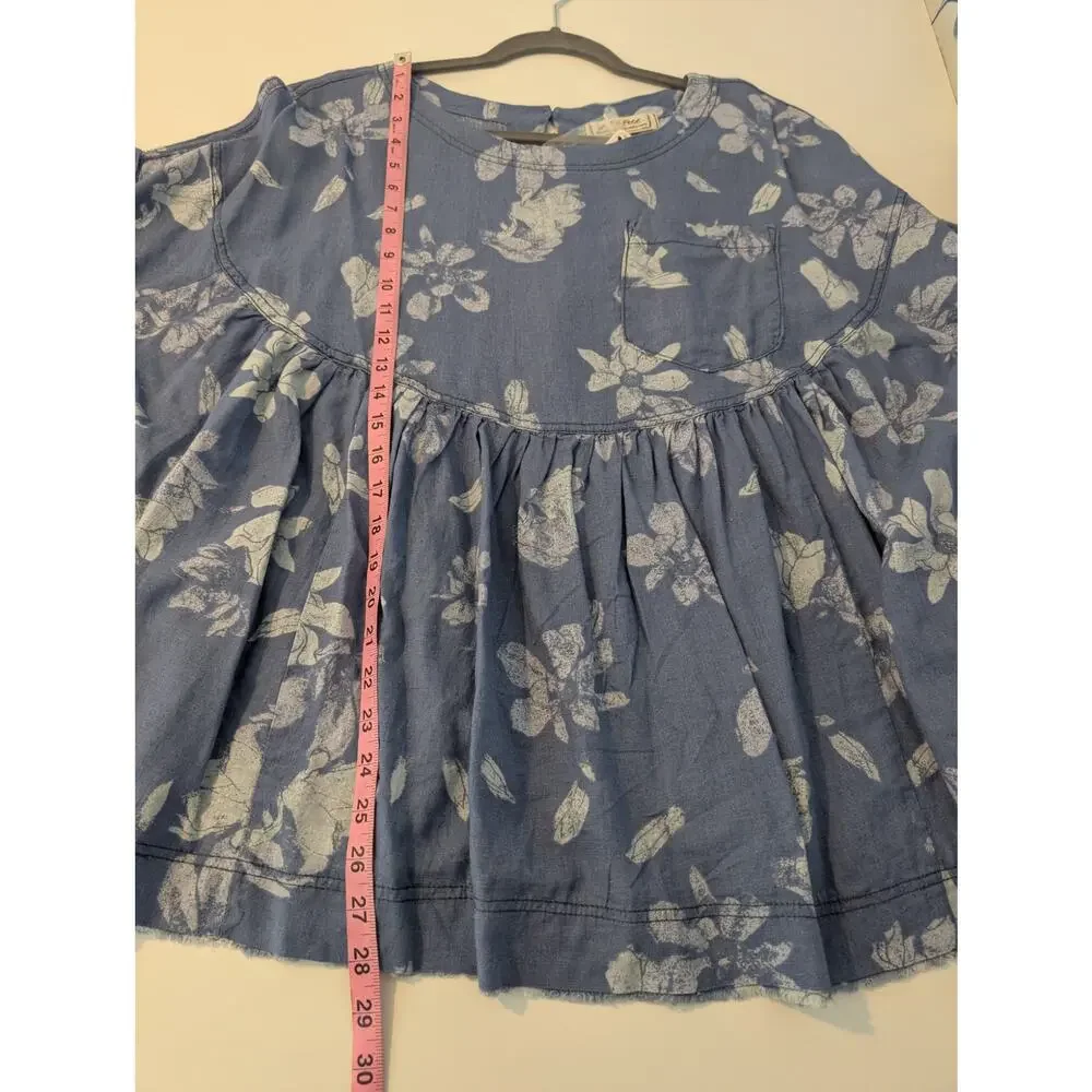 Free People Top Moon City Printed Tee Floral Boho Babydoll Linen Blue Size XS